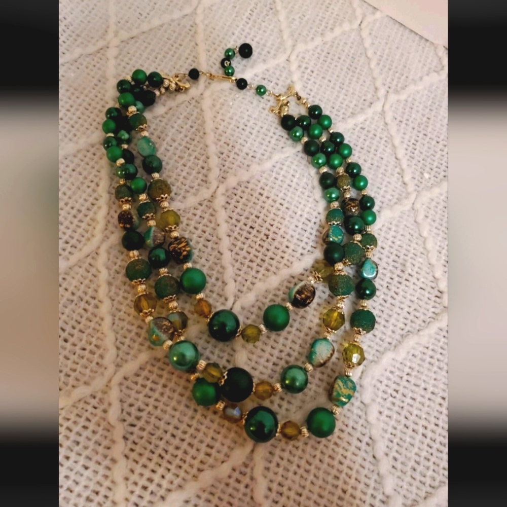 Signed Japan Vintage 3 Strand Gorgeous Beaded Necklace J Clasp, 17" Green